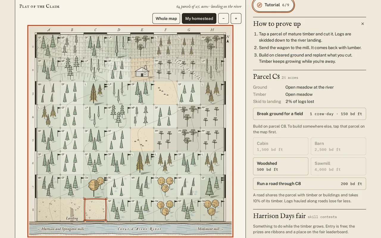 The game on a desktop screen: the survey plat board in the middle, a parcel panel on the right and the era tracker above.