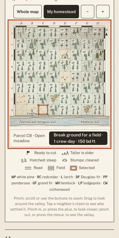 The game on a phone: the plat fills the screen with the parcel details below it.