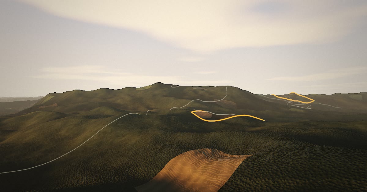 Dawn light over forested ridges in North Idaho timber country, with a holding's boundary traced in orange flagging tape on the far slope and a fresh clearcut glowing in the foreground.